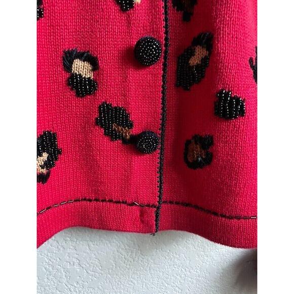 Berek 2 Knit Cardigan Sweater Beaded Animal Sz Large Embellished Red Black - Picture 5 of 7